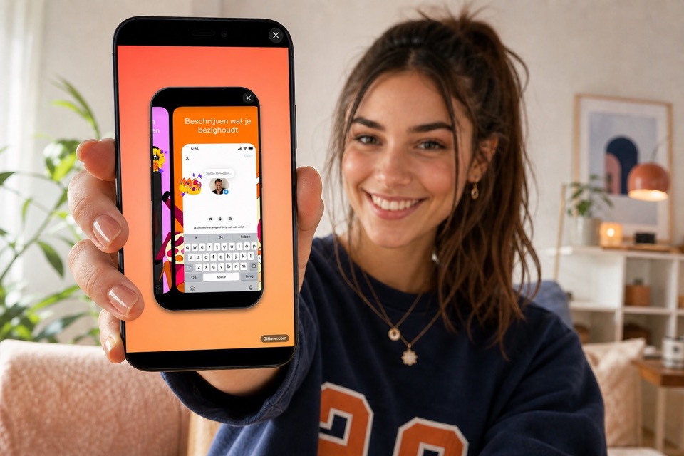 Content creator holding a phone close to the camera with a Giflane social clip on screen