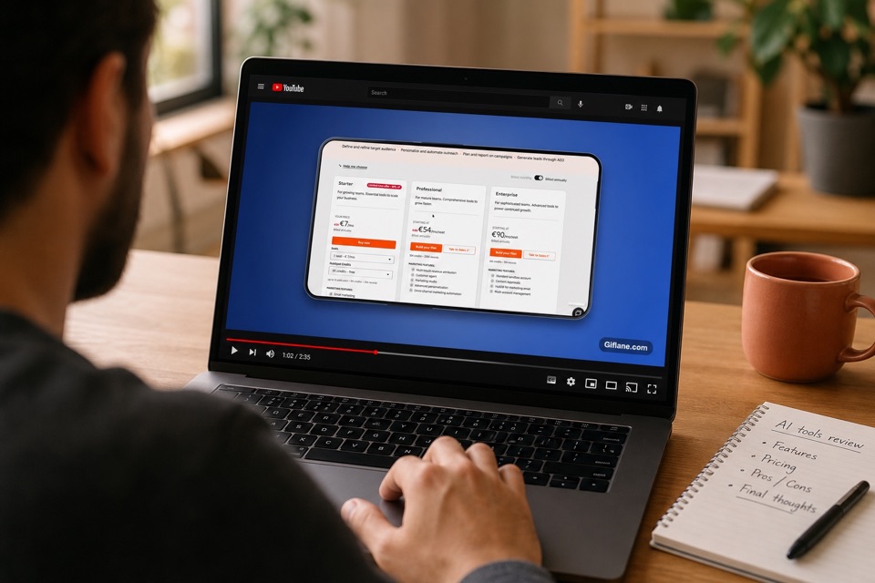 Software reviewer watching a YouTube video with a polished Giflane screen recording on a laptop