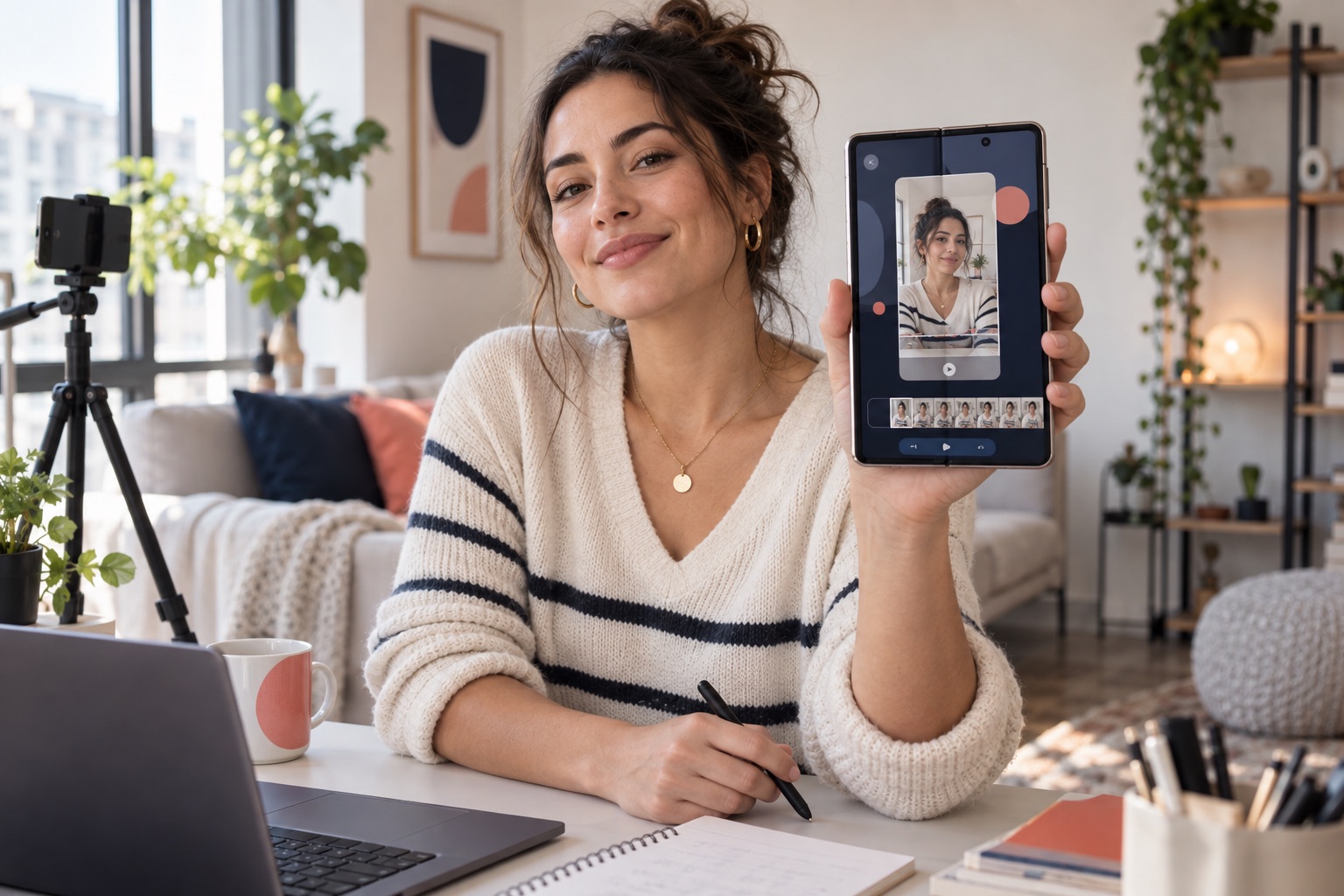 Content creator holding a phone close to the camera with a Giflane social clip on screen