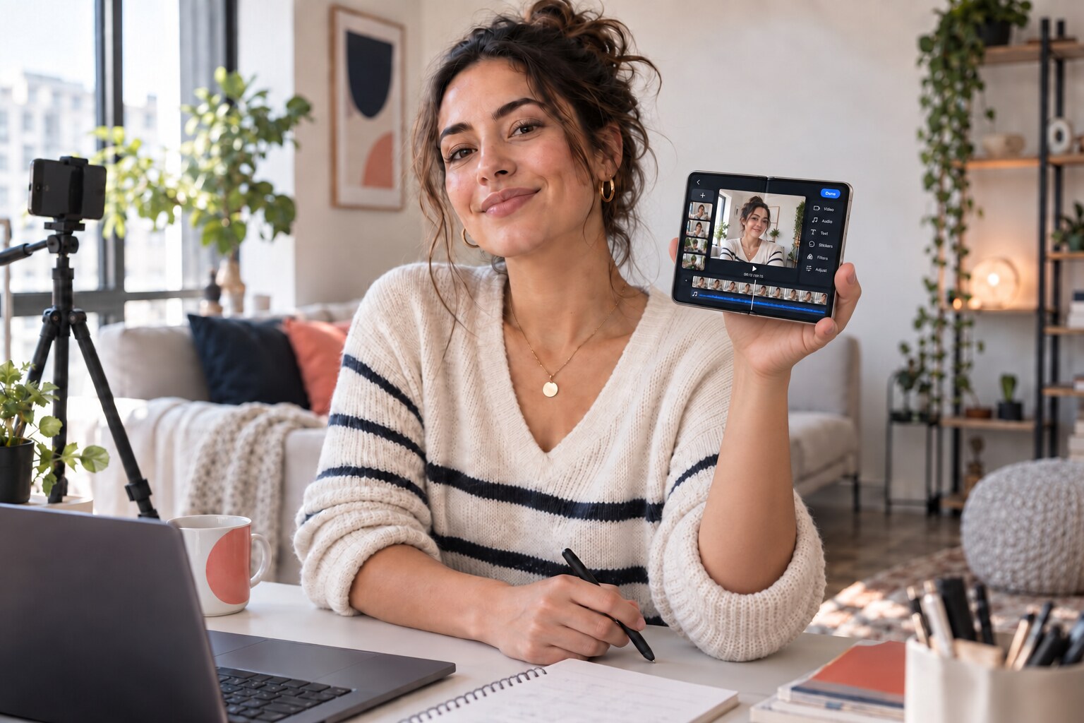 A content creator holding an open iPhone Duo with a video-editing interface