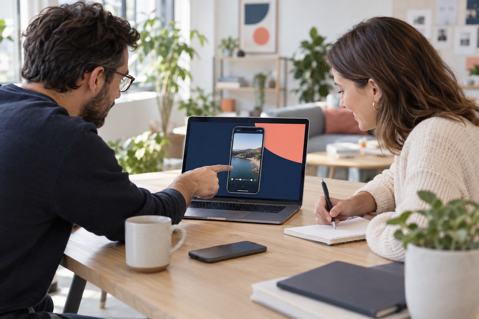 Two marketing teammates reviewing a polished screen-recording clip together
